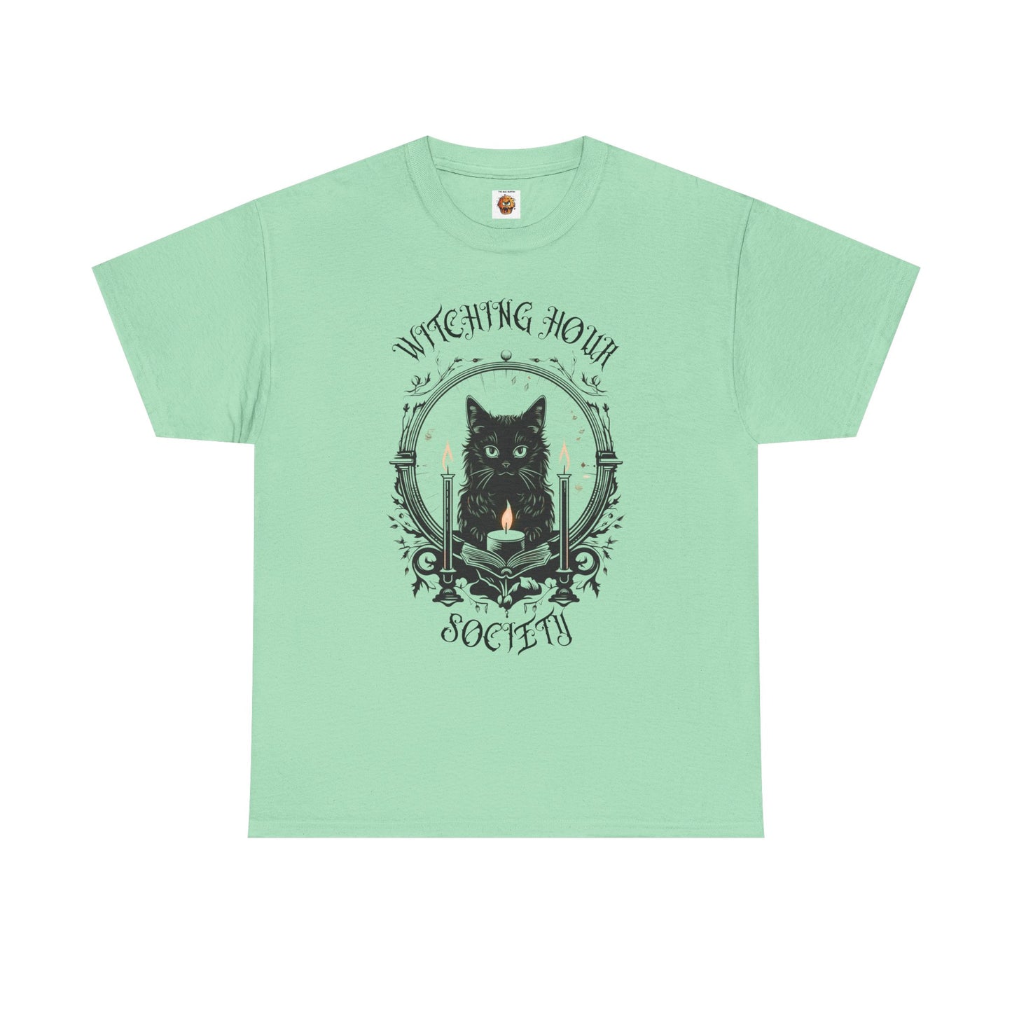 'Witching Hour Society' Cat Cat Tee Shirt- Unisex Heavy Cotton T-Shirt for Book Lovers, Reader, Gothic, Midnight, Scary, Creepy, Halloween