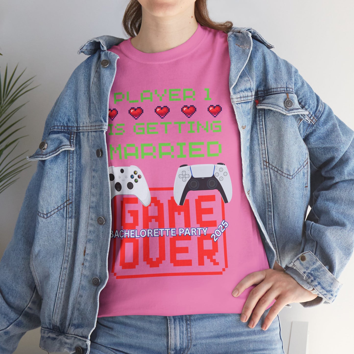 Gamer Girl Bachelorette Party 2025 Unisex Heavy Cotton Tee - "Player 1 is Getting Married", Video Game, Gaming, Console, PC, Tech, Geek, Squad, Nerd
