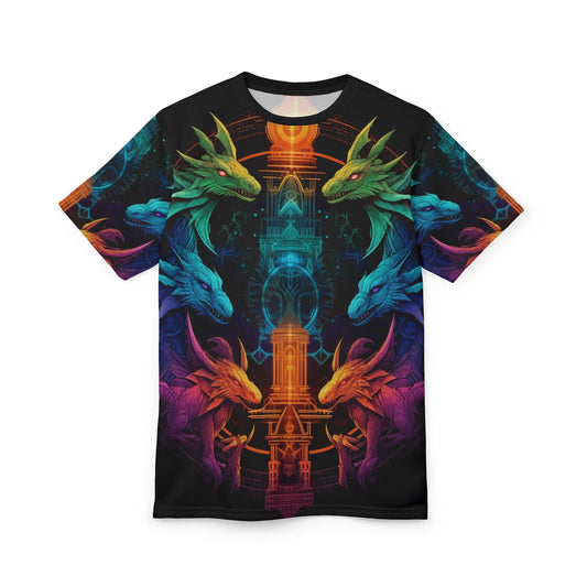 Ancient Council of Dragons AOP Unisex Tee - Colorful Fantasy Graphic Shirt, Ruined Temple, Elemental, DND, RPG, TTRPG, Geek, Nerd