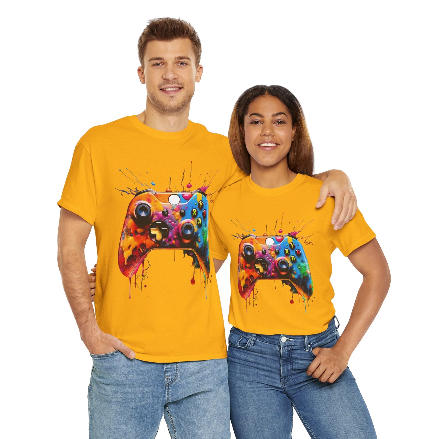 Colorful Paint Gamer Unisex Heavy Cotton Tee Shirt - Domestic Video Game Controller Design, Gaming, Console, T-Shirt, Rainbow Colors, Geek, Nerd