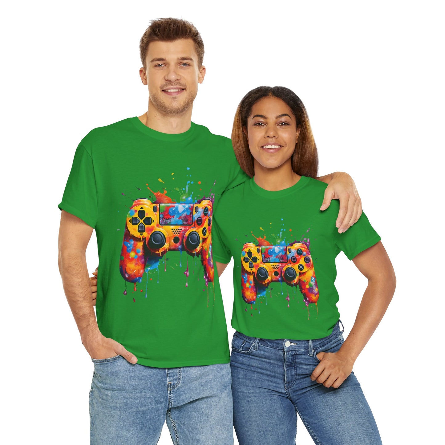 Colorful Paint Gamer Unisex Heavy Cotton Tee Shirt - Import Video Game Controller Design, Gaming, Console, T-Shirt, Rainbow Colors, Geek, Nerd