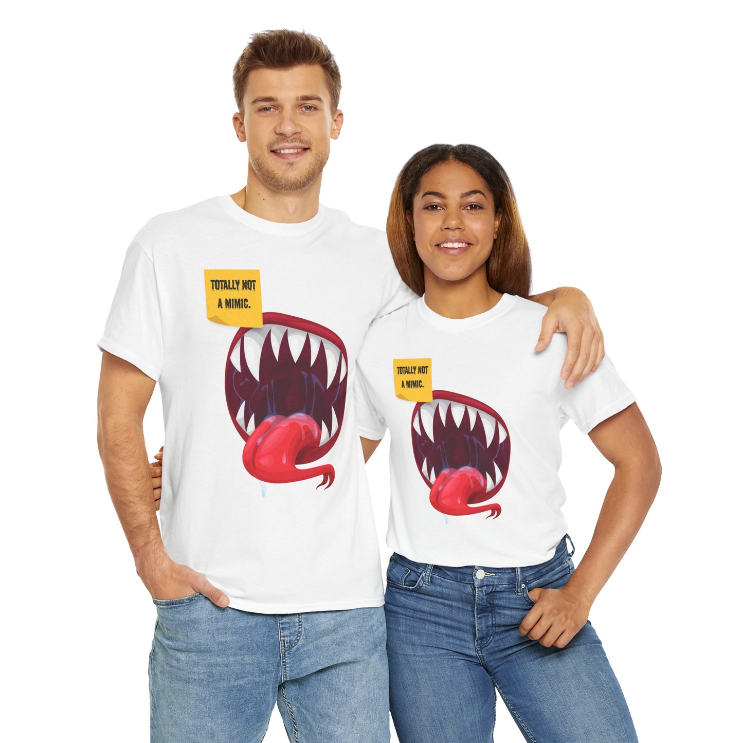 Funny Unisex Heavy Cotton Tee Shirt - "Totally Not a Mimic" Monster Mouth Design, D&D, DND, RPG, TTRPG, Roleplaying, Geek, Nerd, Teeth, Tongue