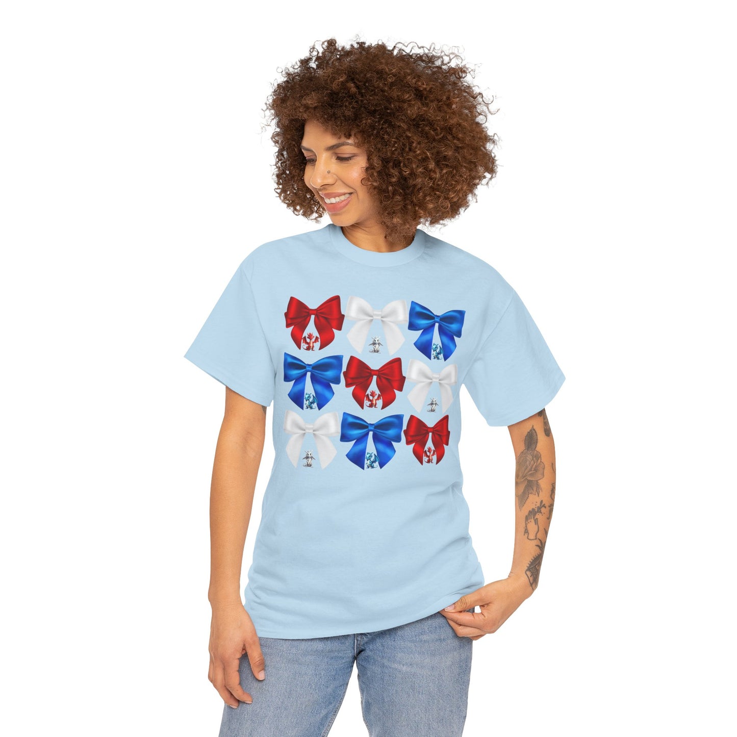 Coquette Red, White, and Blue Dragons & Bows Tee - American Flag, Perfect for Patriotic Events, Independence Day, BBQs, Family Gatherings, DND, RPG, TTRPG, Roleplaying, Geek, Nerd, 4th of July