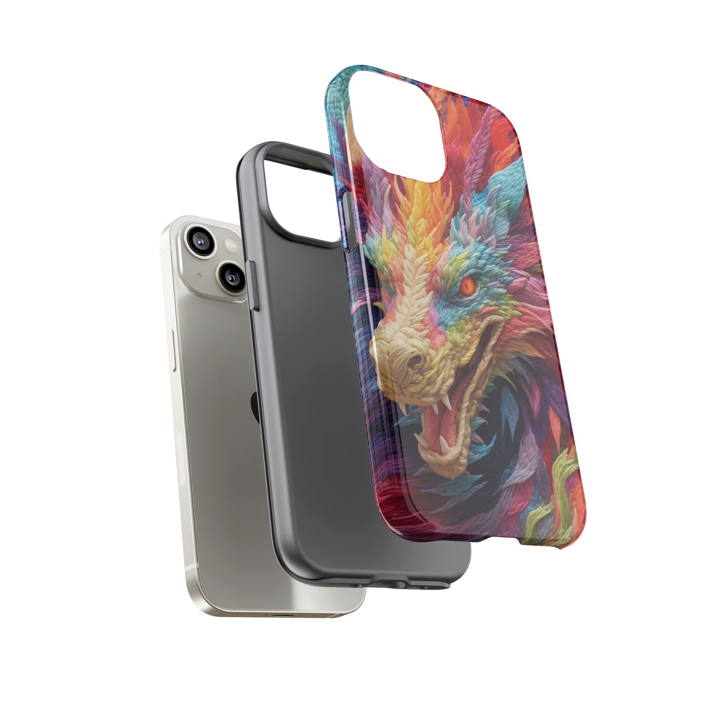 Vibrant 3D Embroidery Embroidered Rainbow Dragon Phone Case - Tough Protection for Fantasy Lovers, DND, RPG, TTRPG, Geek, Nerd