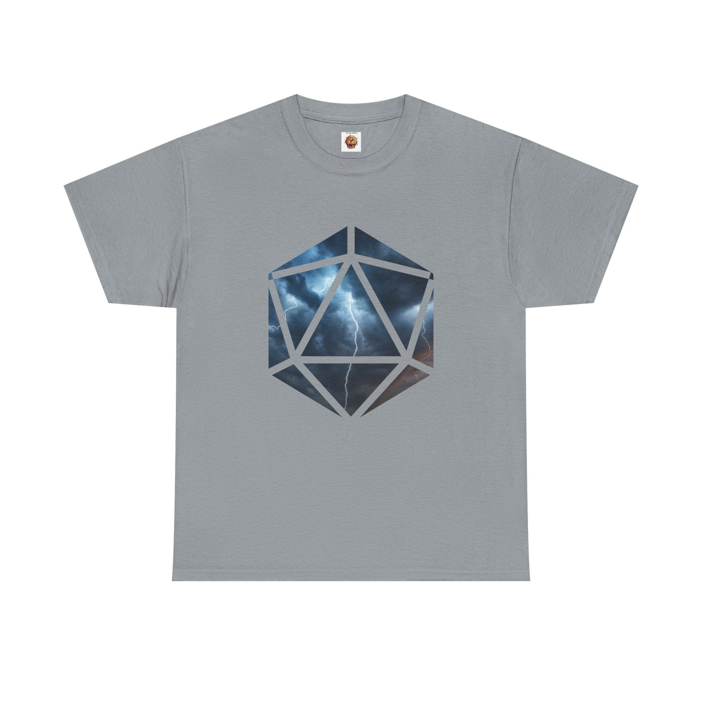 D20 Air Element Cosmic Geometric Unisex Heavy Cotton Tee | Storm Graphic Tee, Lightning Art Shirt, Unique Casual Wear, Gift for Tornado Lovers, DND, RPG, TTRPG, Geek, Nerd