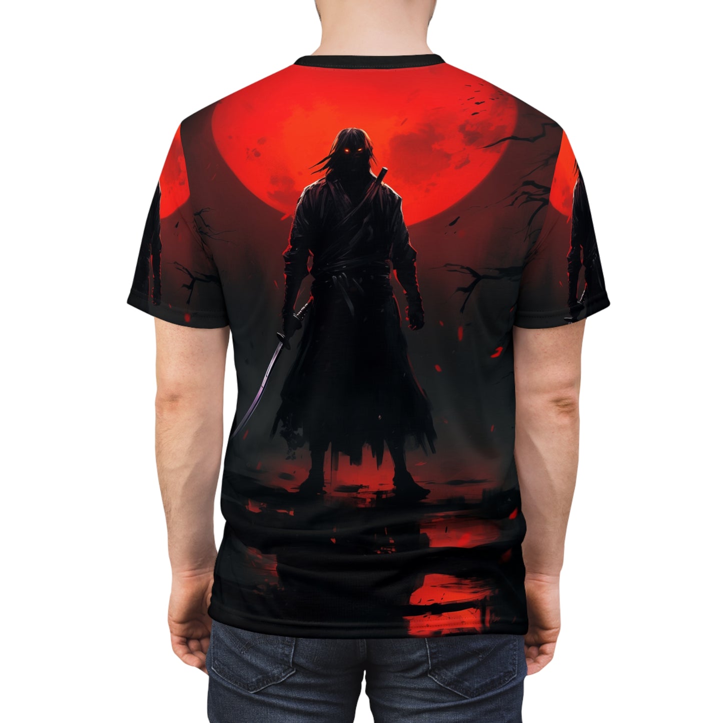 Unisex AOP Graphic Tee - The Cursed Samurai Warrior & Red Moon Design, Ronin, Katana, Japan, Anime, Weeb, Otaku, Manga, Geek, Nerd