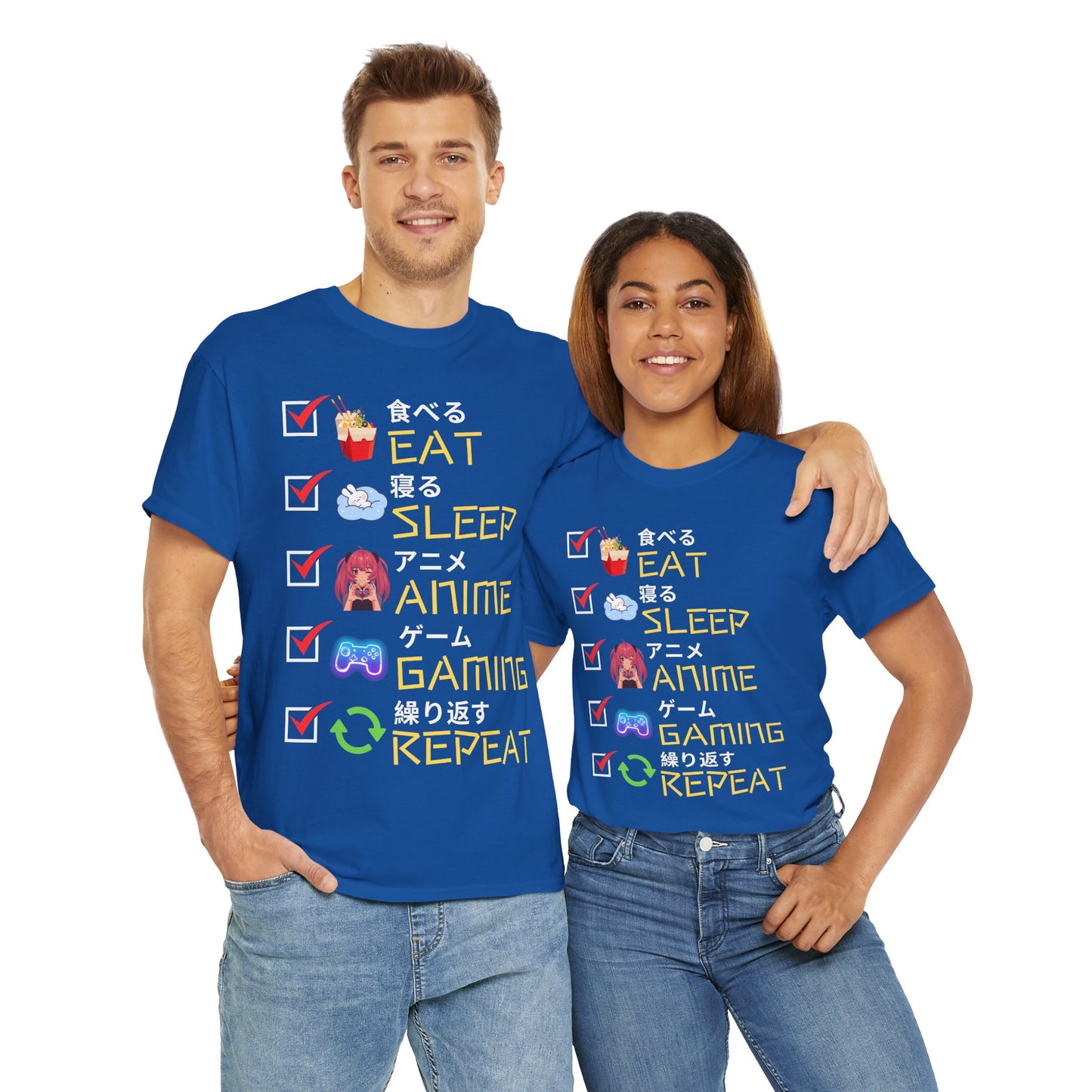 Cute Kawaii Unisex Heavy Cotton Tee Shirt T-Shirt - Eat Sleep Anime Gaming Repeat, Funny Checklist Japanese Kanji English, Geek, Nerd