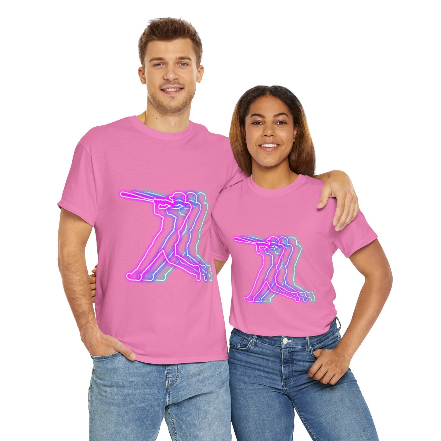 Neon Baseball Player Action Graphic Tee | Unisex Heavy Cotton Shirt, Retro Sports T-Shirt, Casual Wear, Street Style, Gift for Athletes, American, Batter Up