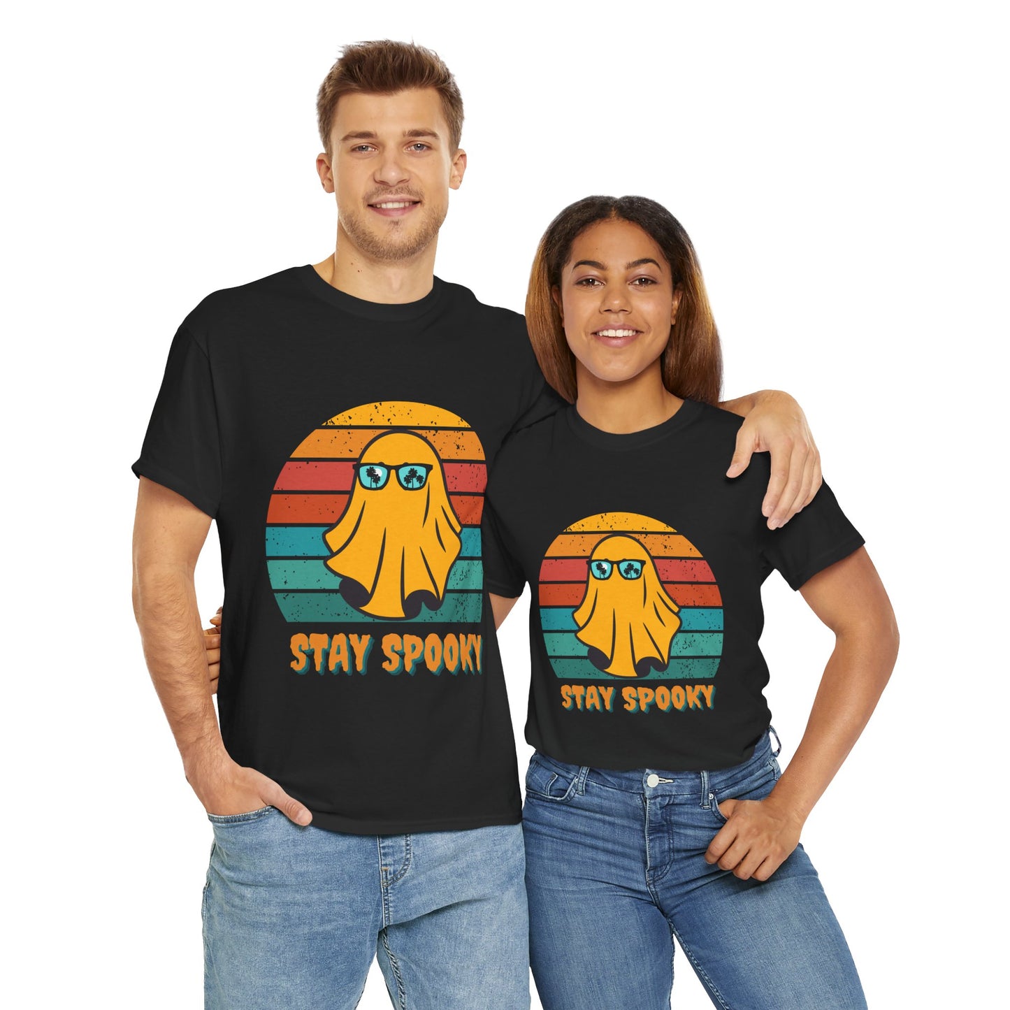 Stay Spooky Retro Holiday Unisex Heavy Cotton Tee - Vintage Ghost Halloween Shirt, Sunglasses, California, Tropical, Funny, Geek, Nerd