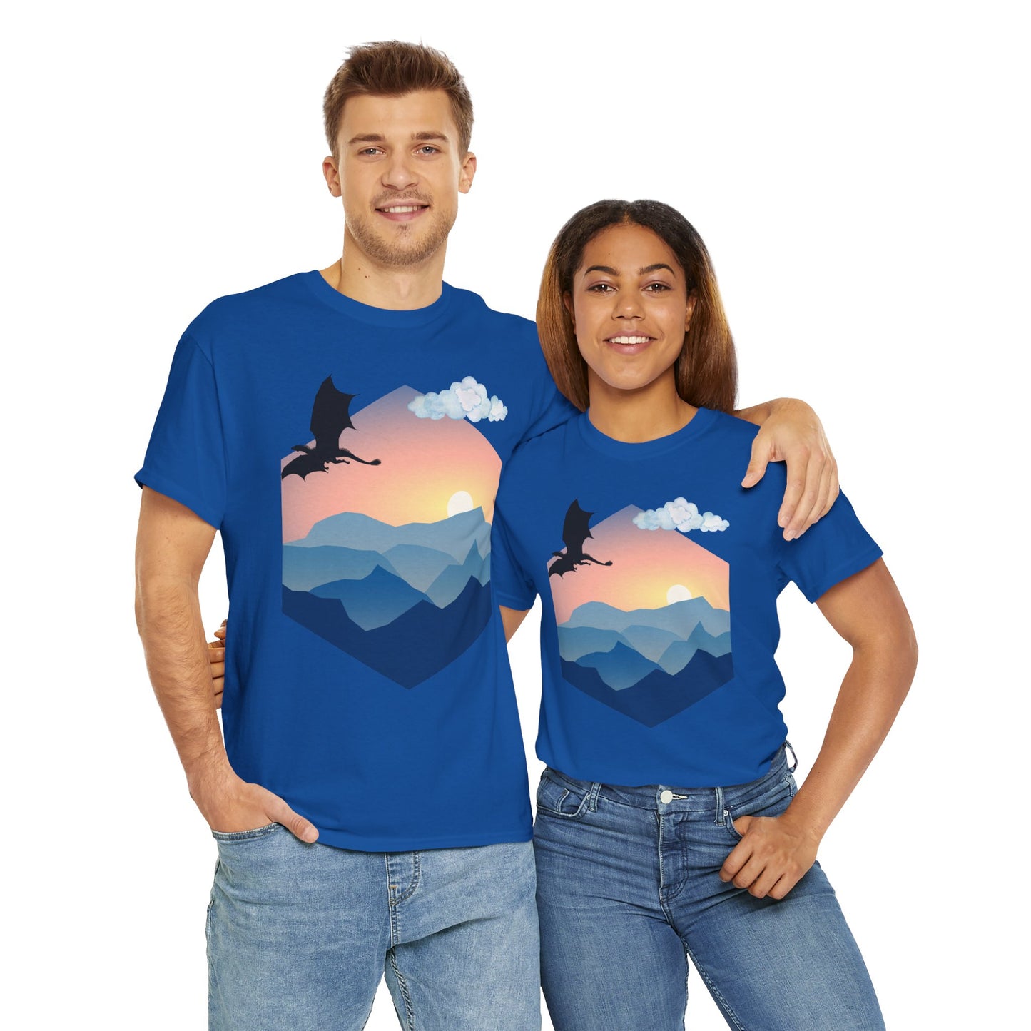 Flying Dragon Adventure Dungeons and Dragons DND Unisex Heavy Cotton Tee Shirt - Fantasy Mountain Design, RPG, TTRPG, Roleplaying, Geek, Nerd