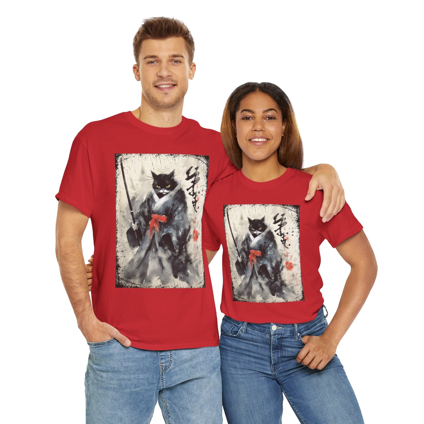 Samurai Cat Vintage Ukiyo-e Warrior Art Unisex Heavy Cotton Tee - Artistic Vintage Design, Japanese Ink Painting, Anime, Weeb, Otaku, Geek, Nerd