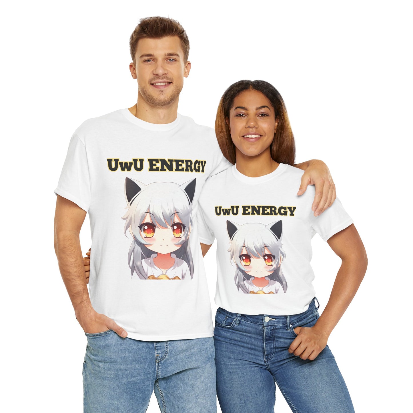 Cute Anime 'UwU ENERGY' Cat Girl Neko Nekomusume Unisex Heavy Cotton Tee Shirt T-Shirt - Weeb, Otaku, Geek, Nerd