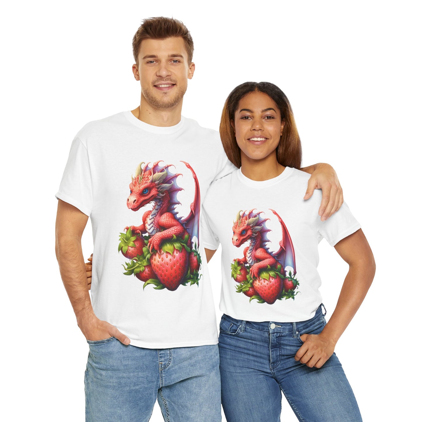 Vintage Strawberry Dragon Unisex Heavy Cotton Tee T-Shirt, Gift for Women, Birthday Shirt, Fantasy Apparel, Fruit Of The Spirit, RPG, Geek, Nerd