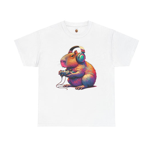 Cute Kawaii Gamer Capybara Guinea Pig Unisex Heavy Cotton Tee Shirt - Headphones, Earphones, Gaming, Anime, Video Game, Geek, Nerd
