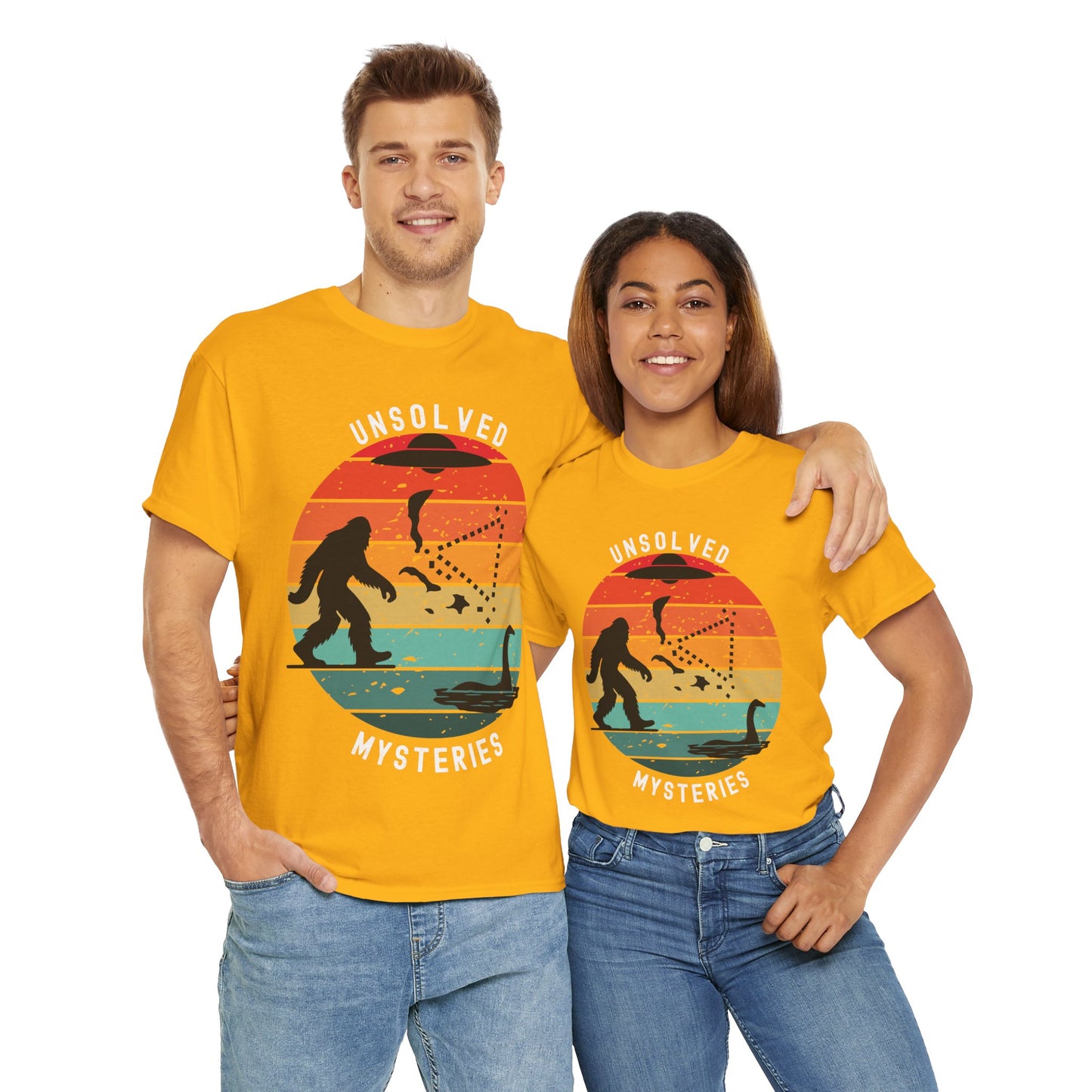 Vintage Retro Sun Cryptid Unsolved Mysteries Exploration Unisex Heavy Cotton Tee Shirt T-Shirt - UFO, Alien, Bigfoot, Lochness Monster, Bermuda Triangle, Geek, Nerd