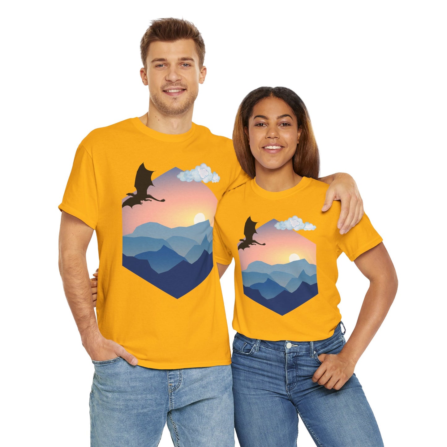 Flying Dragon Adventure Dungeons and Dragons DND Unisex Heavy Cotton Tee Shirt - Fantasy Mountain Design, RPG, TTRPG, Roleplaying, Geek, Nerd