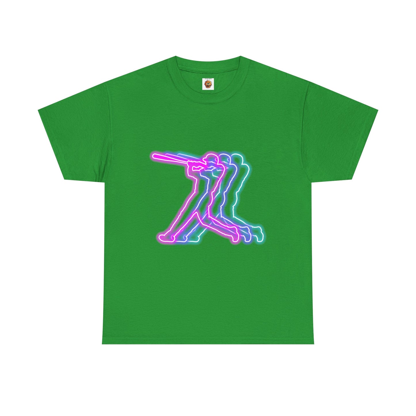 Neon Baseball Player Action Graphic Tee | Unisex Heavy Cotton Shirt, Retro Sports T-Shirt, Casual Wear, Street Style, Gift for Athletes, American, Batter Up