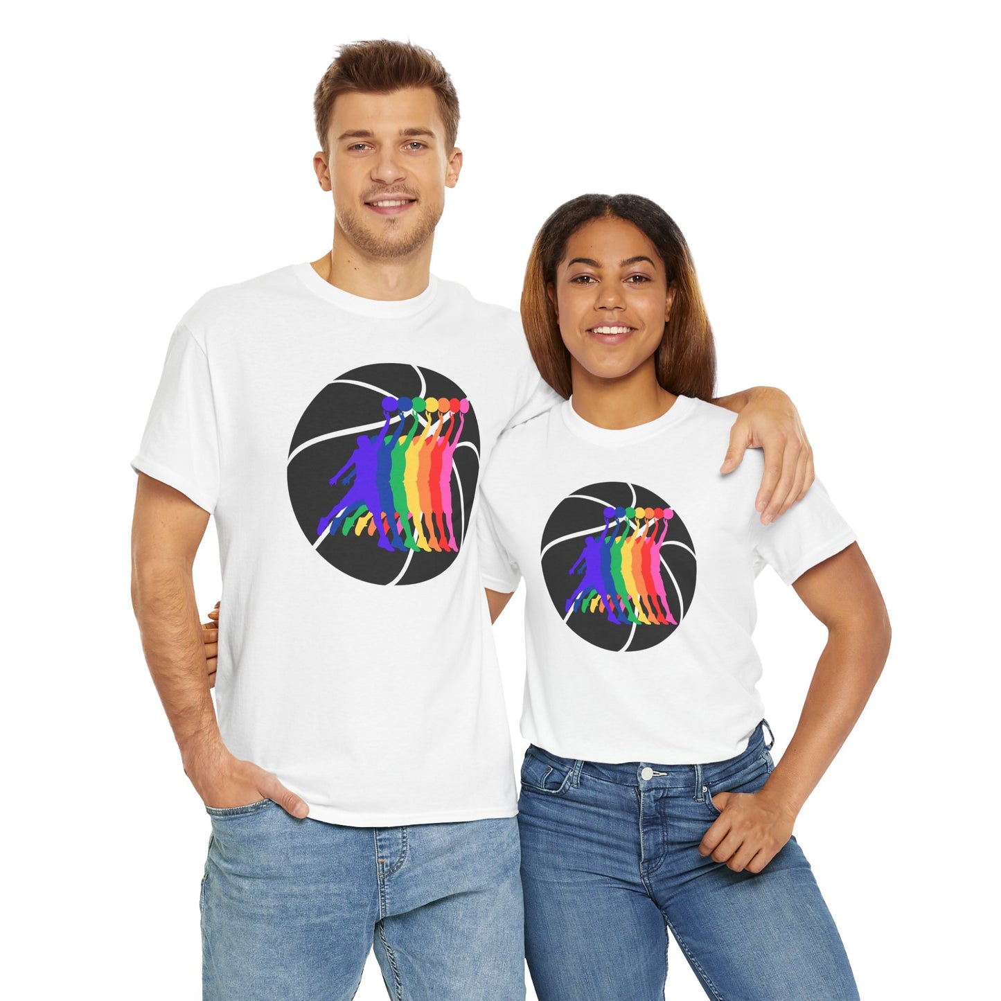 Basketball Player Silhouette Rainbow Colorful Graphic Unisex Heavy Cotton Tee, Vibrant Art Shirt, LGBTQ+ Pride Tee, Casual Wear, Summer Fashion, Hoops