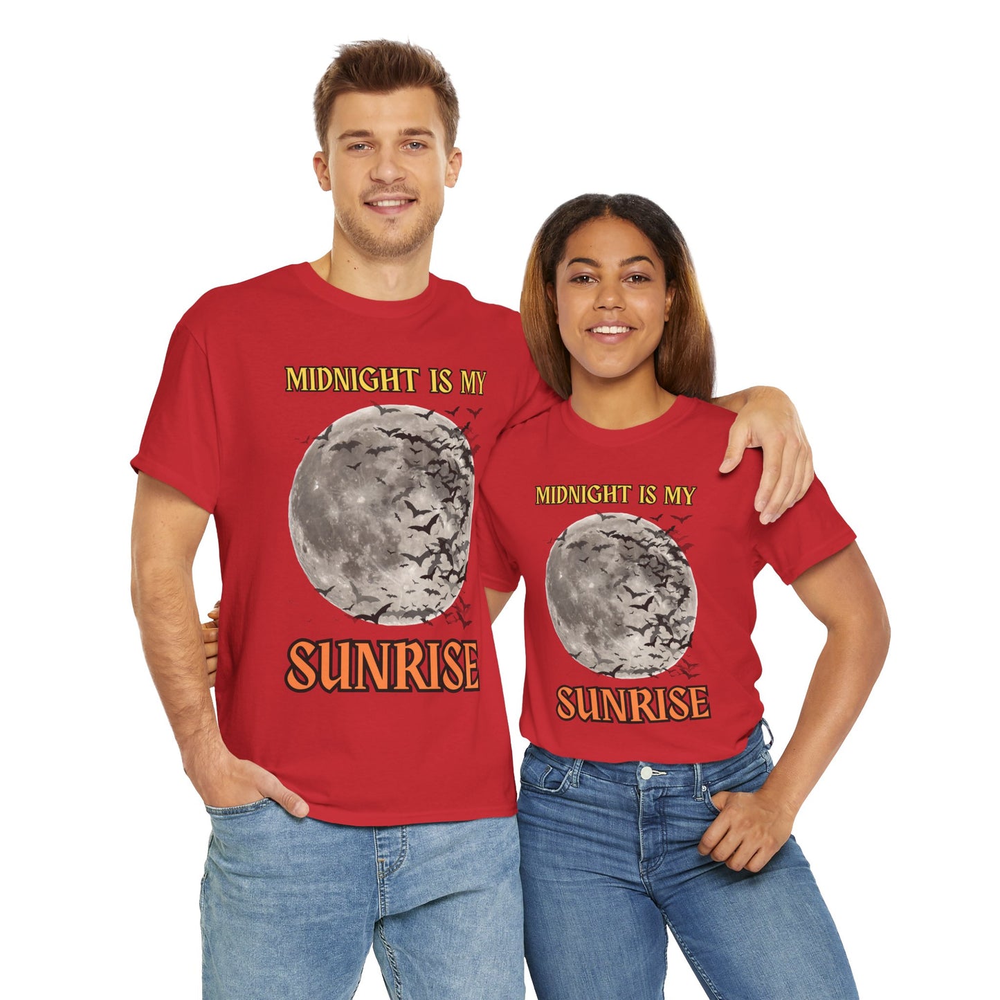 'Midnight is My Sunrise' Unisex Heavy Cotton Tee Shirt - Graphic Tee for Night Owls, Scary, Creepy, Halloween, Gothic, Full Moon, Bats