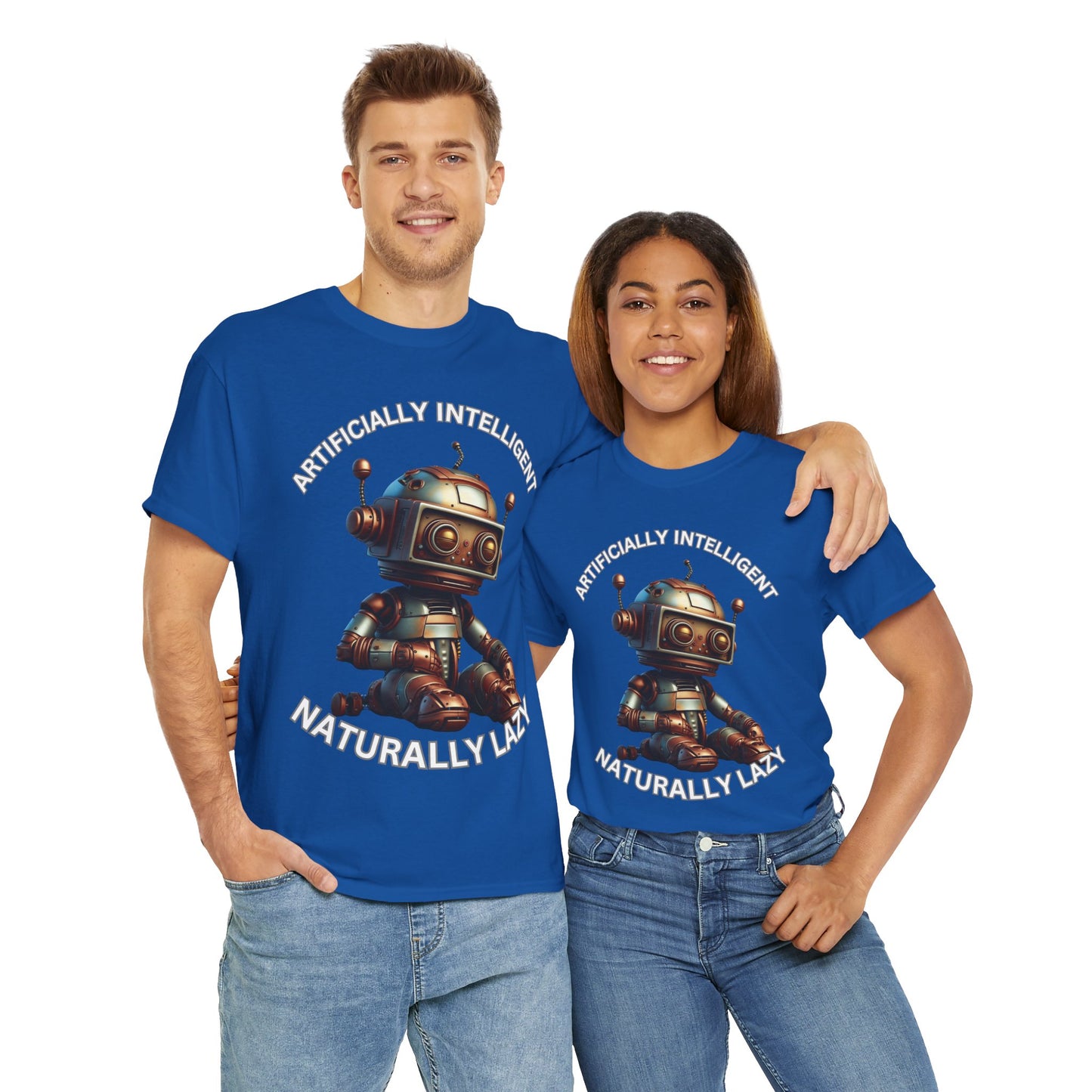 Cute Robot Unisex Heavy Cotton Tee Shirt - 'Artificially Intelligent, Naturally Lazy' Graphic T-Shirt for Tech Lovers, Geek, Nerd