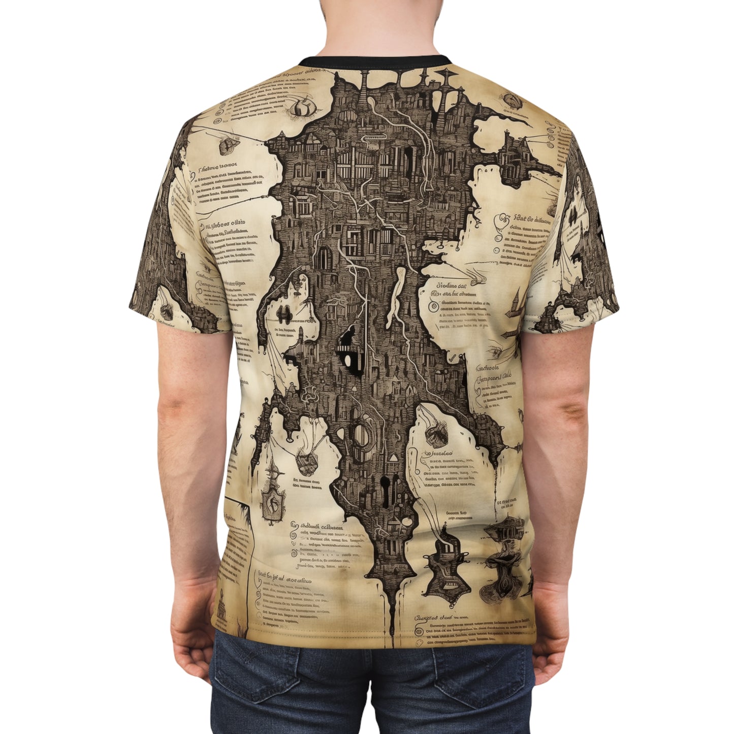 Dungeon Map Blueprint Tee Shirt: Ancient Parchment, Unisex AOP, Corridors, Traps, Monsters, Secret Doors, DND, RPG, TTRPG