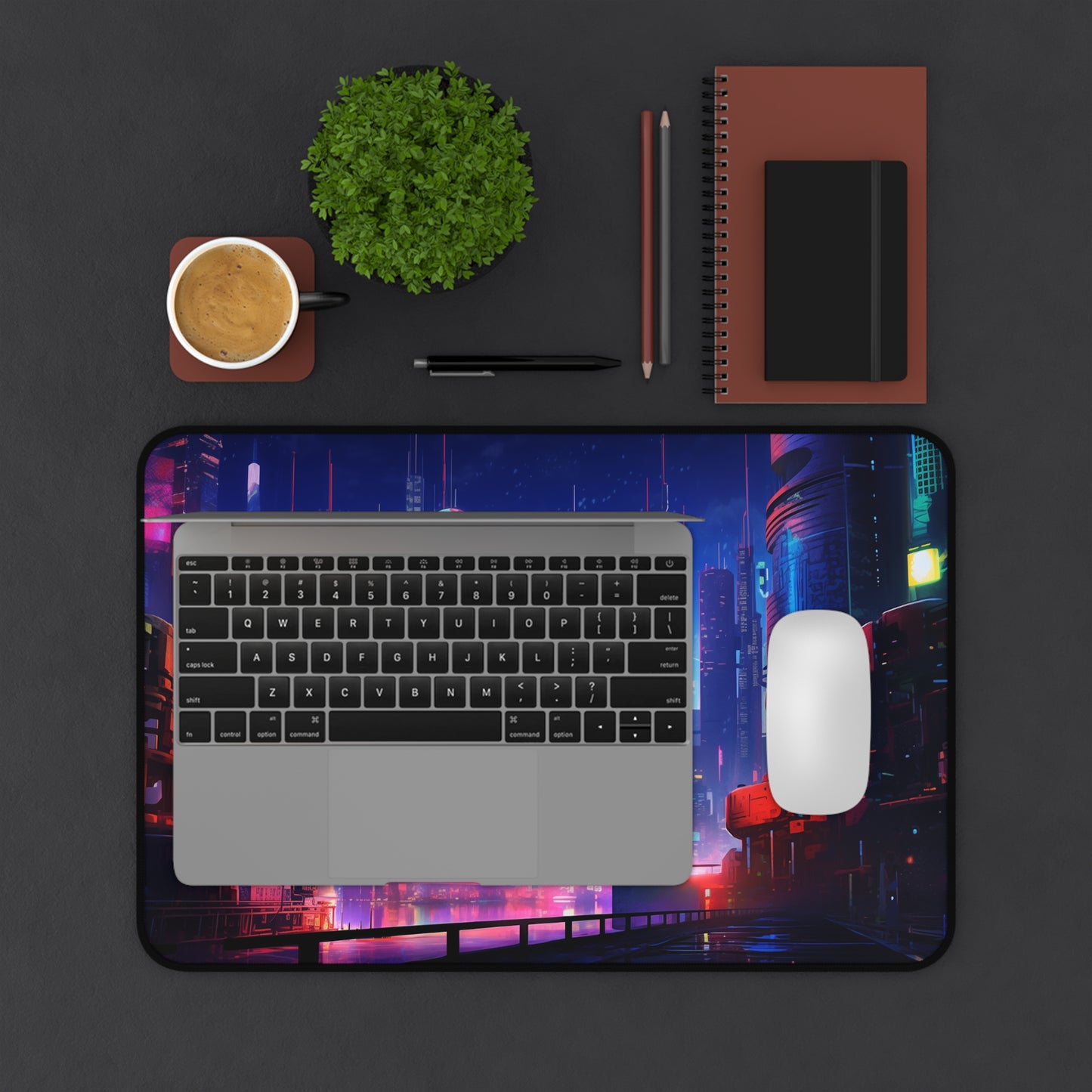 Futuristic Cityscape Cyberpunk Skyline Desk Mat - Perfect for Gamers and Professionals, Geek, Nerd, Neon Color