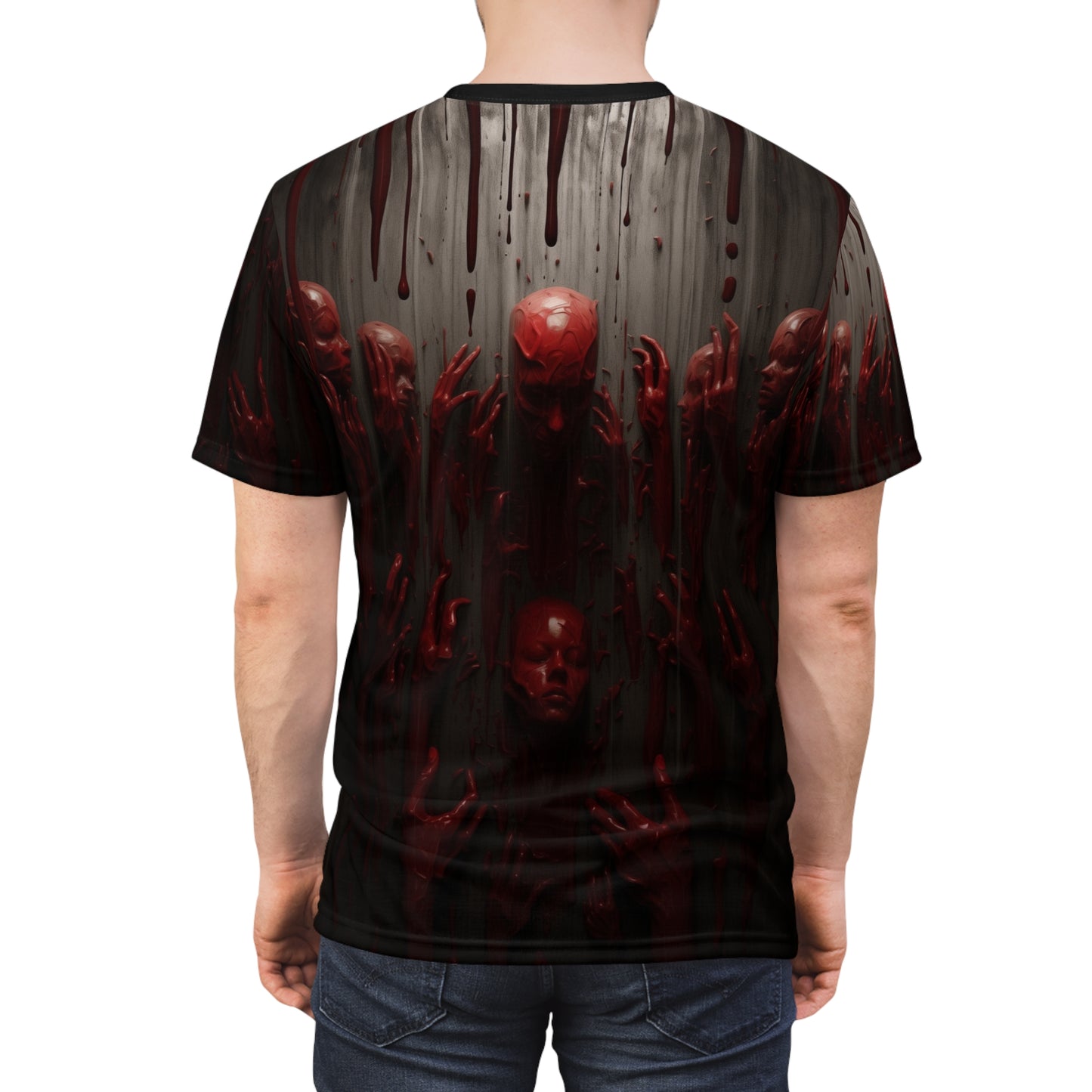 The Mirror Realm Blood Hands and Faces AOP Unisex Tee - Edgy Graphic Shirt for Horror Fans, Scary, Creepy, Halloween, Gothic