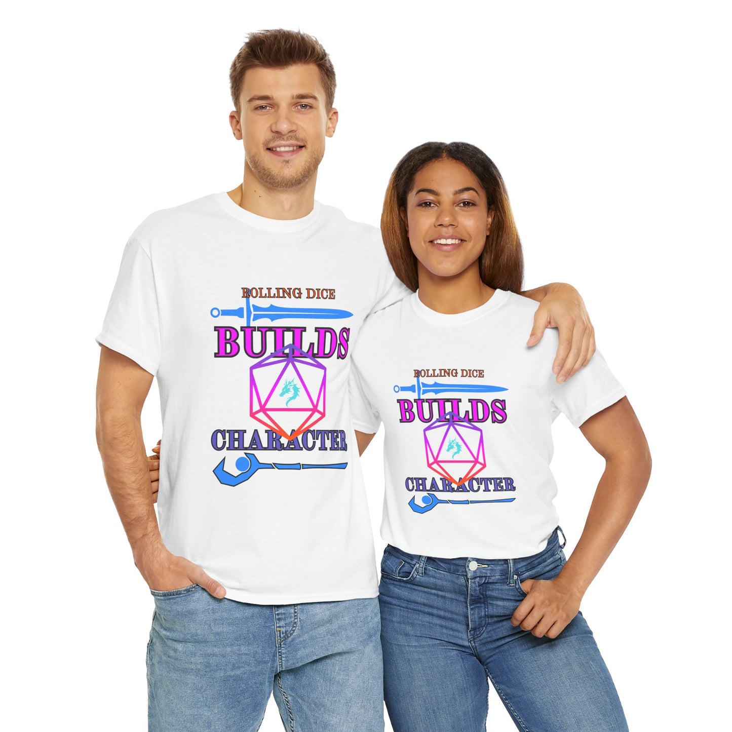 Unisex Heavy Cotton Tee - 'Rolling Dice Builds Character', Gamer Shirt, D&D Tee, Geeky Apparel, Role-Playing Gift, Fun RPG Top, D20, TTRPG, Geek, Nerd