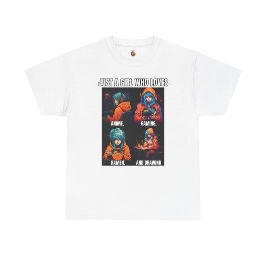 'Just a Girl Who Loves Anime, Gaming, Ramen, and Drawing' Unisex Heavy Cotton Tee - Waifu, Video Game, Gamer, Gamer Girl, Sketching, Weeb, Otaku, Geek, Nerd