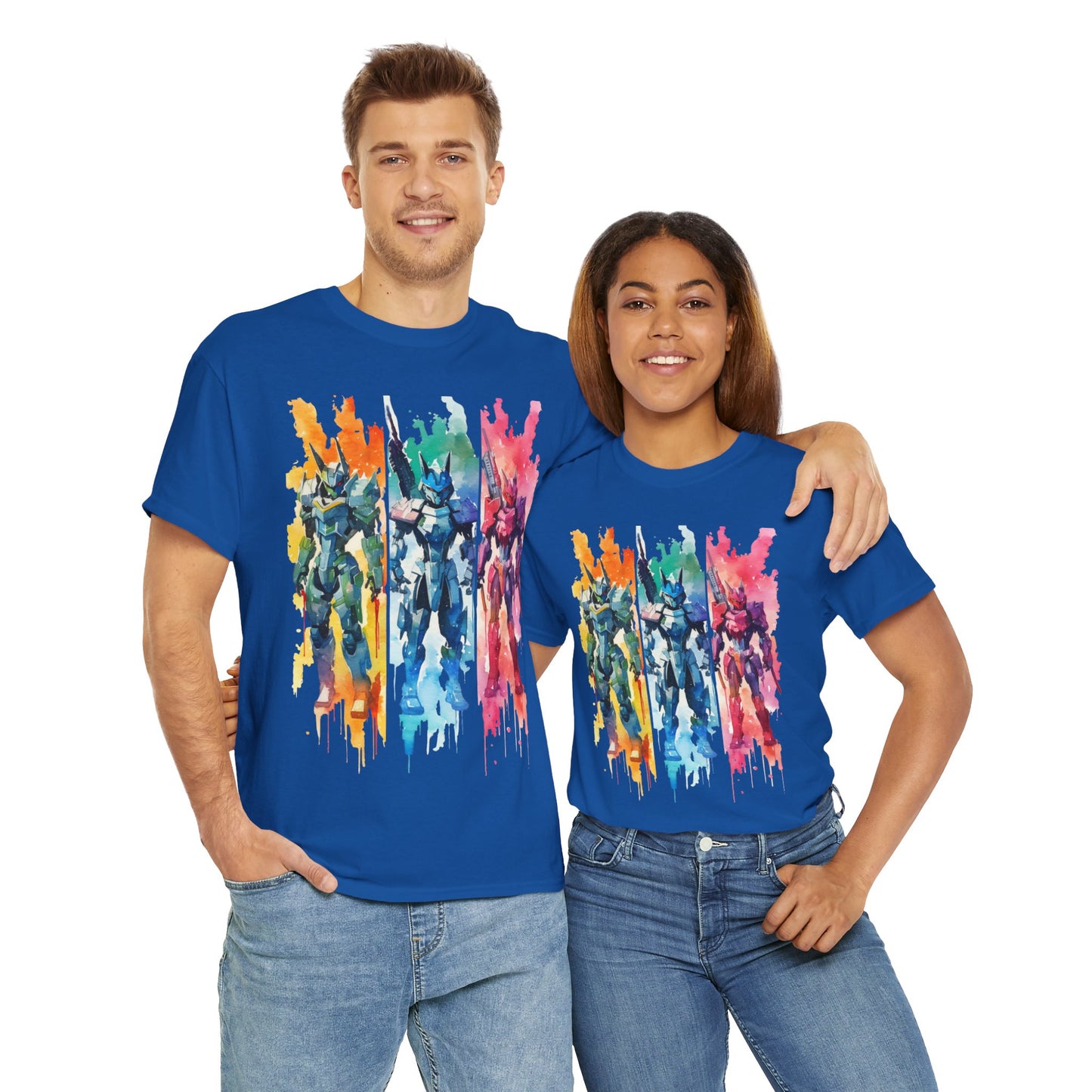 Watercolor Brushstroke Anime Mecha Art Unisex Heavy Cotton Tee Shirt - Mobile Battle Suit Armor, Geek, Nerd, Colorful