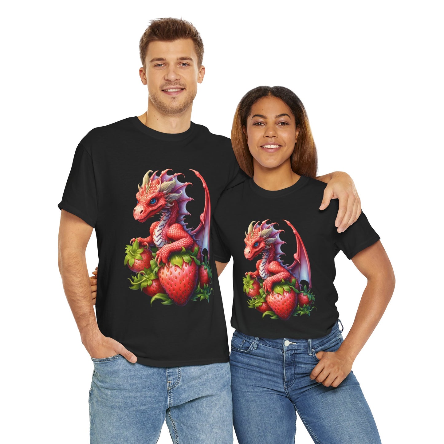 Vintage Strawberry Dragon Unisex Heavy Cotton Tee T-Shirt, Gift for Women, Birthday Shirt, Fantasy Apparel, Fruit Of The Spirit, RPG, Geek, Nerd