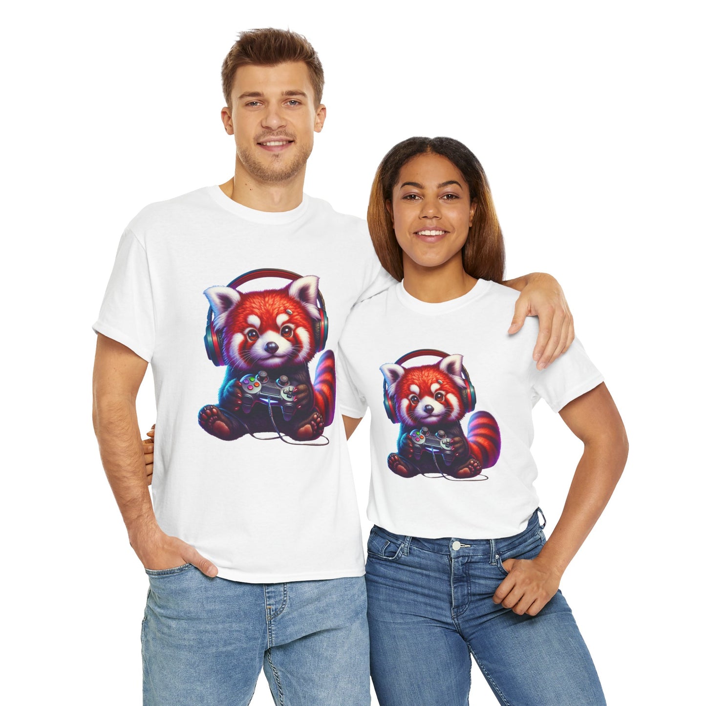 Cute Kawaii Gaming Red Panda Tee - Unisex Heavy Cotton Tee Shirt, Gamer, Anime, Headphones, Earphones, Geek, Nerd