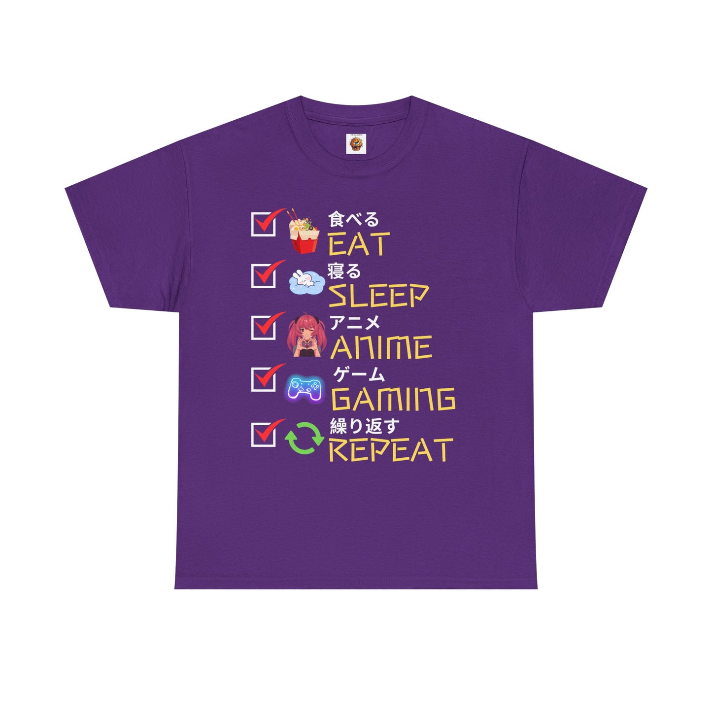 Cute Kawaii Unisex Heavy Cotton Tee Shirt T-Shirt - Eat Sleep Anime Gaming Repeat, Funny Checklist Japanese Kanji English, Geek, Nerd