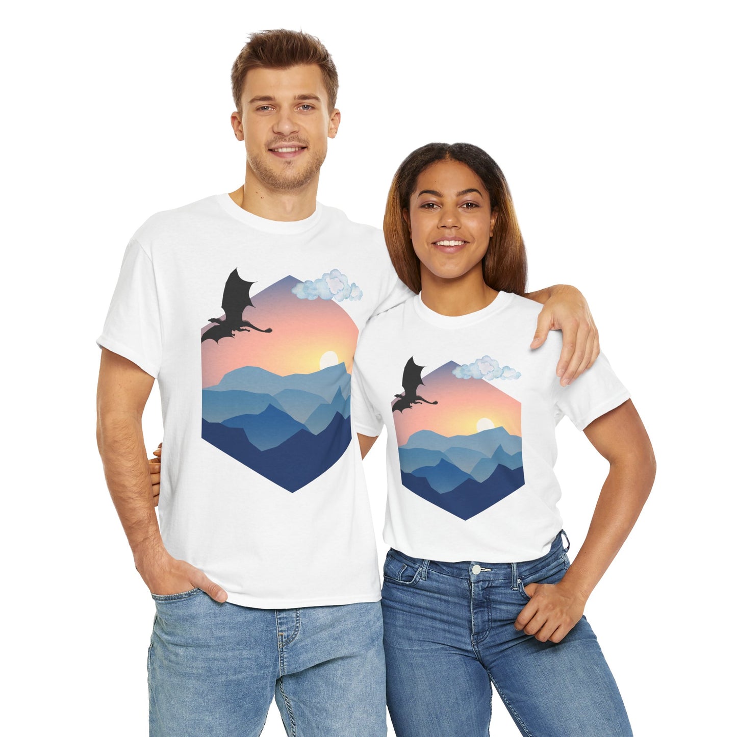 Flying Dragon Adventure Dungeons and Dragons DND Unisex Heavy Cotton Tee Shirt - Fantasy Mountain Design, RPG, TTRPG, Roleplaying, Geek, Nerd