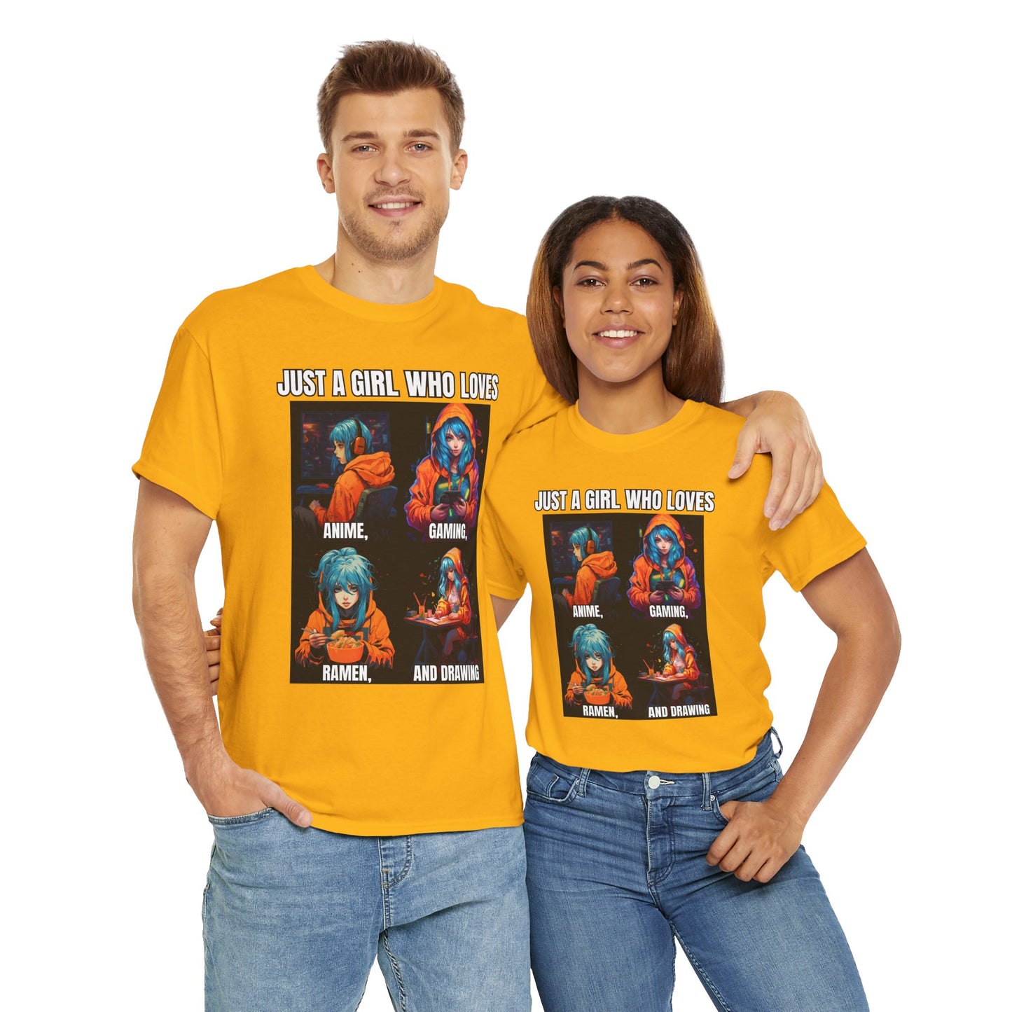 'Just a Girl Who Loves Anime, Gaming, Ramen, and Drawing' Unisex Heavy Cotton Tee - Waifu, Video Game, Gamer, Gamer Girl, Sketching, Weeb, Otaku, Geek, Nerd