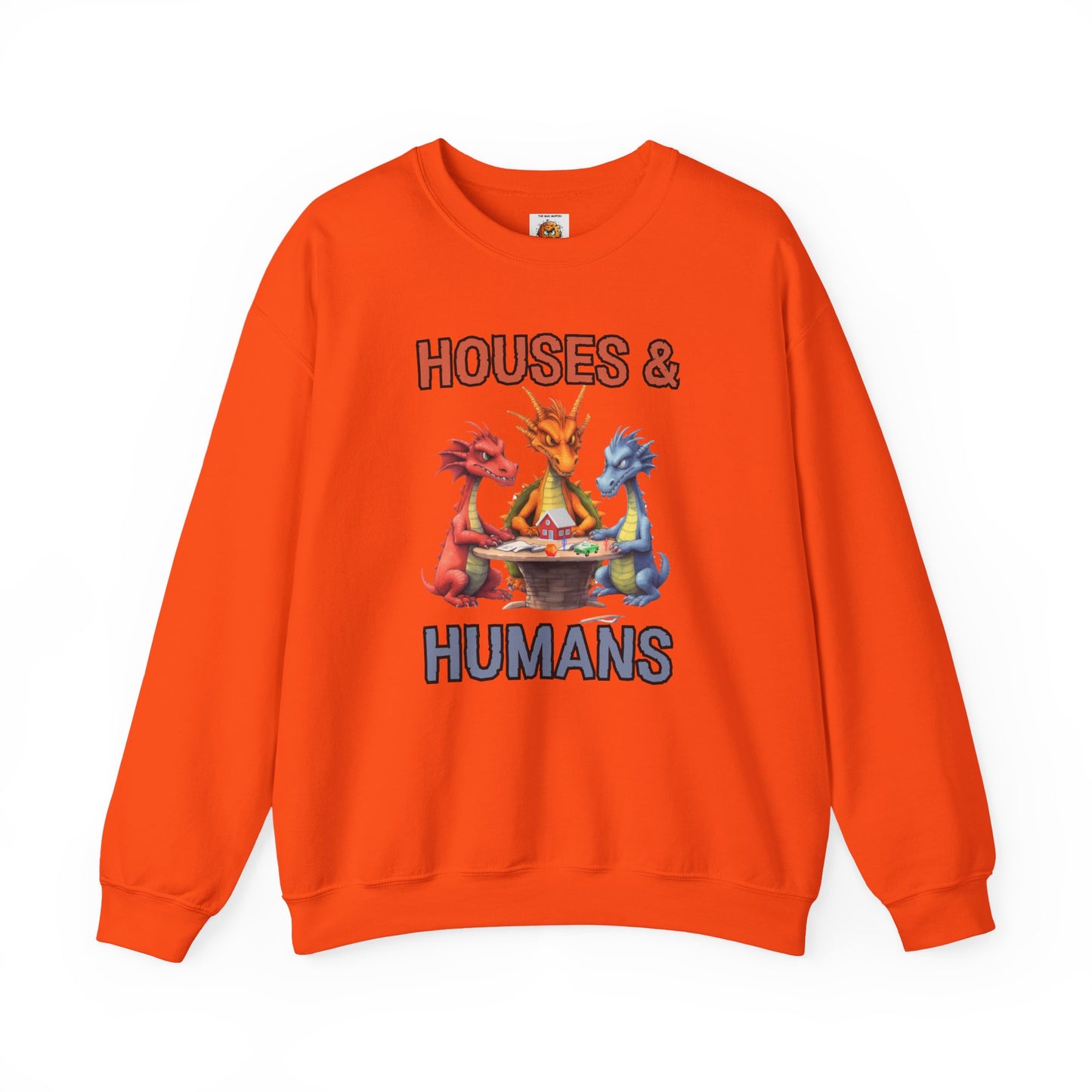'Houses & Humans' Heavy Blend Crewneck Sweatshirt, Cozy unisex sweatshirt, Fantasy apparel, Gift for nerds, Dragon lover merch, D&D, DND, RPG, TTRPG, Geek, Nerd, D20
