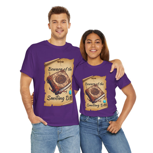 Unisex Heavy Cotton Tee - "Beware of the Smiling DM" RPG Humor Shirt, Ideal for Gamers, Casual Wear, Gifts for D&D Fans, Fun T-Shirt, D20, DND, TTRPG, Geek, Nerd