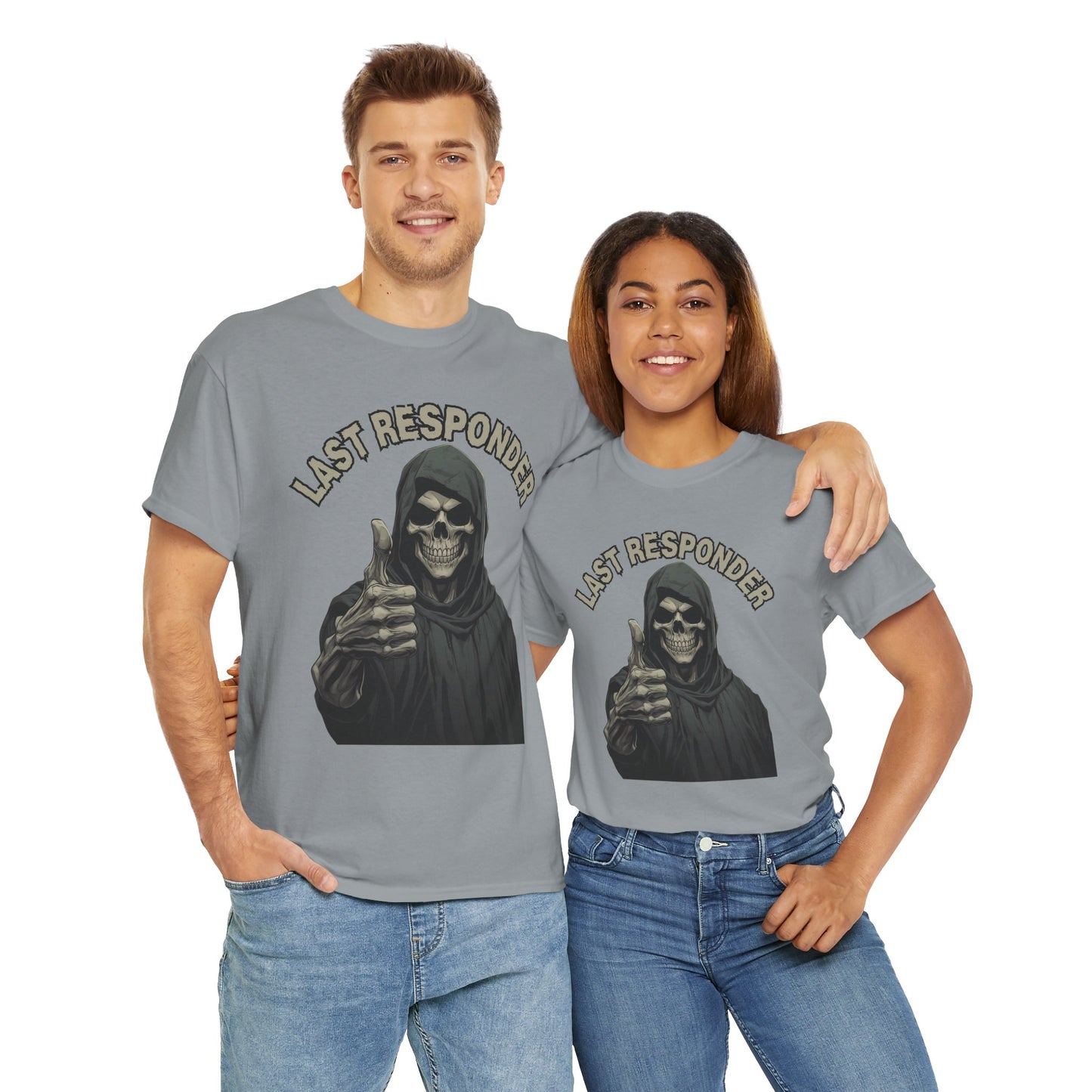 Last Responder Grim Reaper Death Unisex Heavy Cotton Tee Shirt - Horror, Scary, Creepy, Halloween, Dark Black Humor, Geek, Nerd