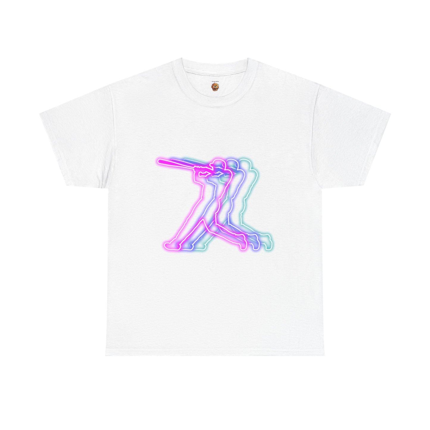 Neon Baseball Player Action Graphic Tee | Unisex Heavy Cotton Shirt, Retro Sports T-Shirt, Casual Wear, Street Style, Gift for Athletes, American, Batter Up