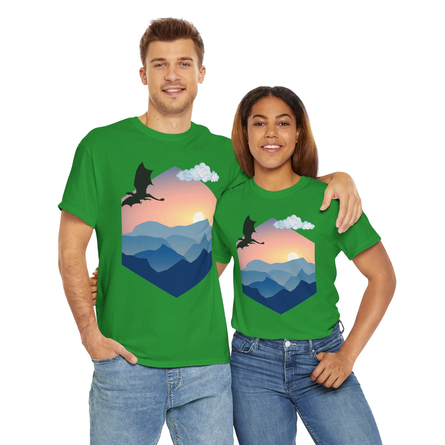 Flying Dragon Adventure Dungeons and Dragons DND Unisex Heavy Cotton Tee Shirt - Fantasy Mountain Design, RPG, TTRPG, Roleplaying, Geek, Nerd
