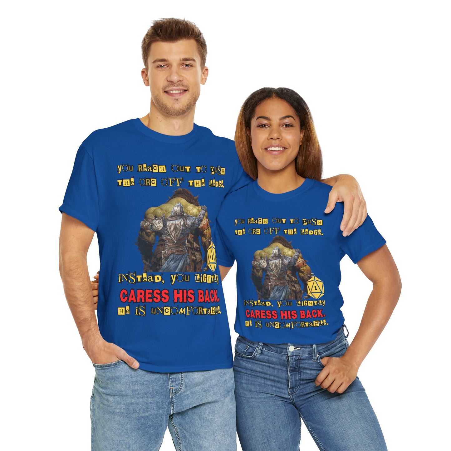 Funny Dungeons & Dragons DND Unisex Heavy Cotton Tee Shirt - 'You Reach Out to Push the Orc Off the Ledge', D20, RPG, TTRPG, Roleplaying, Geek, Nerd