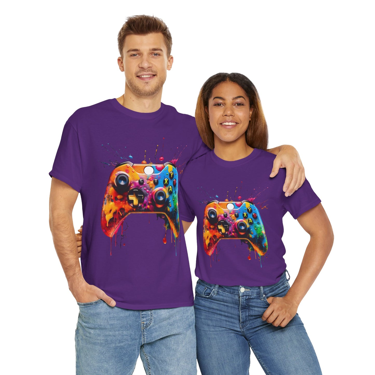 Colorful Paint Gamer Unisex Heavy Cotton Tee Shirt - Domestic Video Game Controller Design, Gaming, Console, T-Shirt, Rainbow Colors, Geek, Nerd