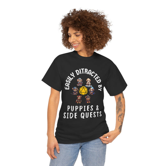 'Easily Distracted by Puppies & Side Quests' Unisex Heavy Cotton Tee Shirt - Shirt for Dog Lovers, DND, RPG, TTRPG, Roleplaying Game, Geek, Nerd