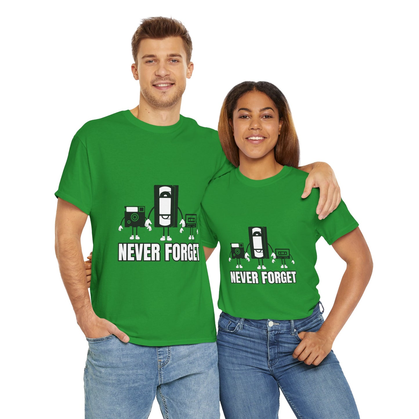 Retro Tech Unisex Heavy Cotton Tee Shirt- "Never Forget" Graphic T-Shirt, Floppy Disk, VHS Tape, Audio Cassette, Science, Geek, Nerd