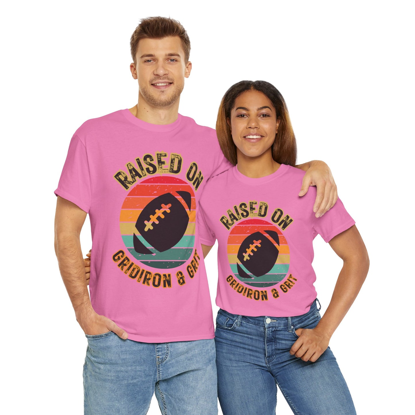 Raised On Gridiron & Grit Retro Football Inspired Unisex Heavy Cotton Tee, Sports T-Shirt, Gift for Football Fans, Trendy Casual Wear, Vintage Gridiron Style