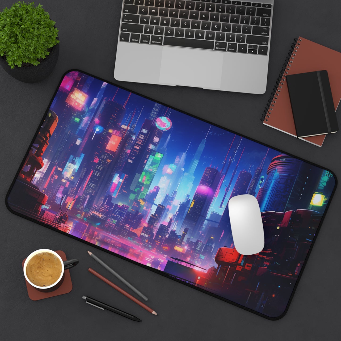Futuristic Cityscape Cyberpunk Skyline Desk Mat - Perfect for Gamers and Professionals, Geek, Nerd, Neon Color