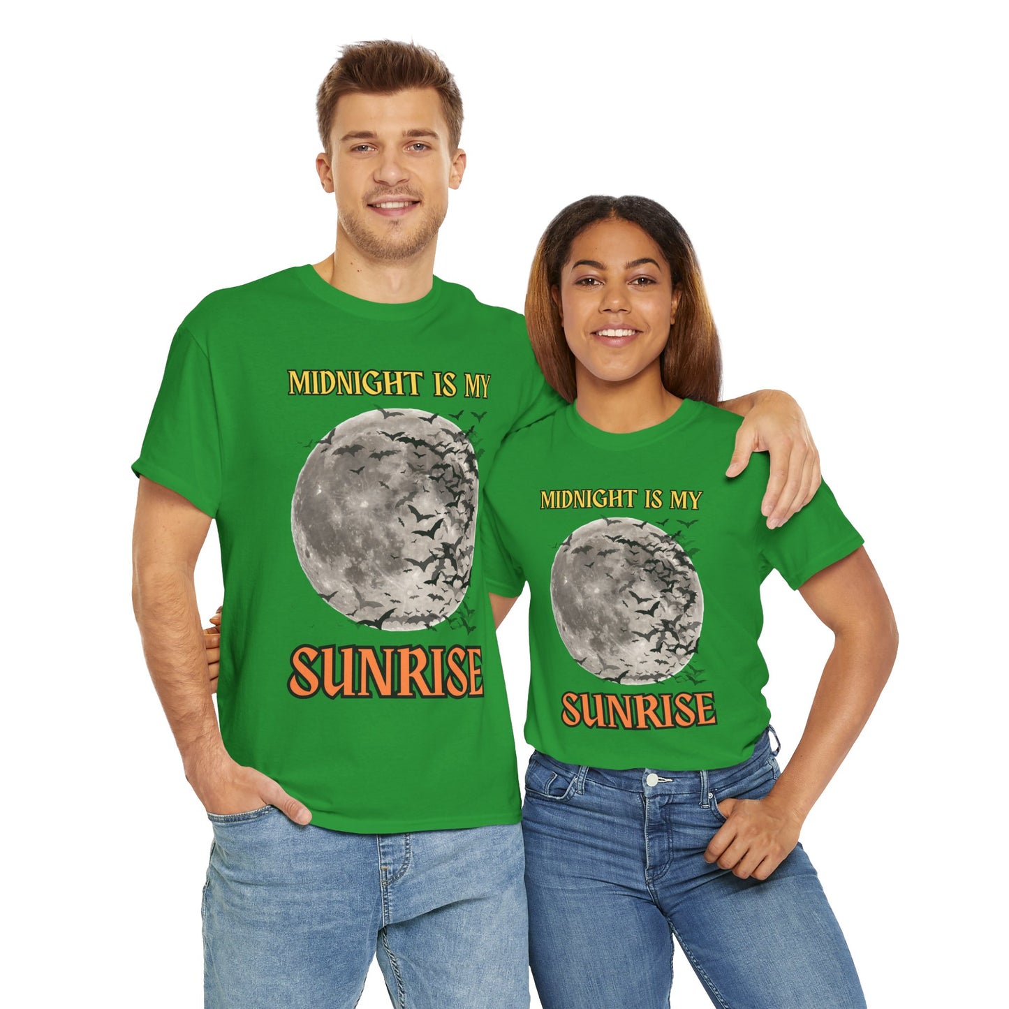 'Midnight is My Sunrise' Unisex Heavy Cotton Tee Shirt - Graphic Tee for Night Owls, Scary, Creepy, Halloween, Gothic, Full Moon, Bats