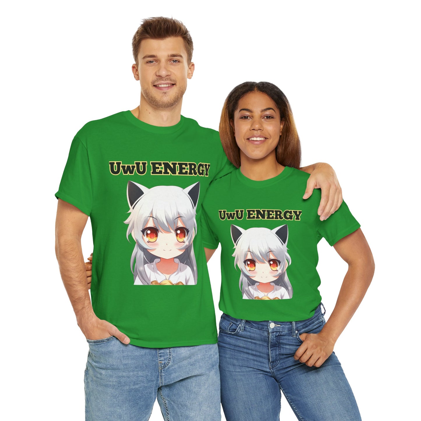 Cute Anime 'UwU ENERGY' Cat Girl Neko Nekomusume Unisex Heavy Cotton Tee Shirt T-Shirt - Weeb, Otaku, Geek, Nerd