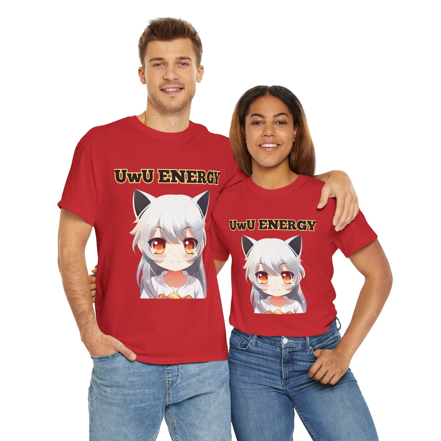 Cute Anime 'UwU ENERGY' Cat Girl Neko Nekomusume Unisex Heavy Cotton Tee Shirt T-Shirt - Weeb, Otaku, Geek, Nerd