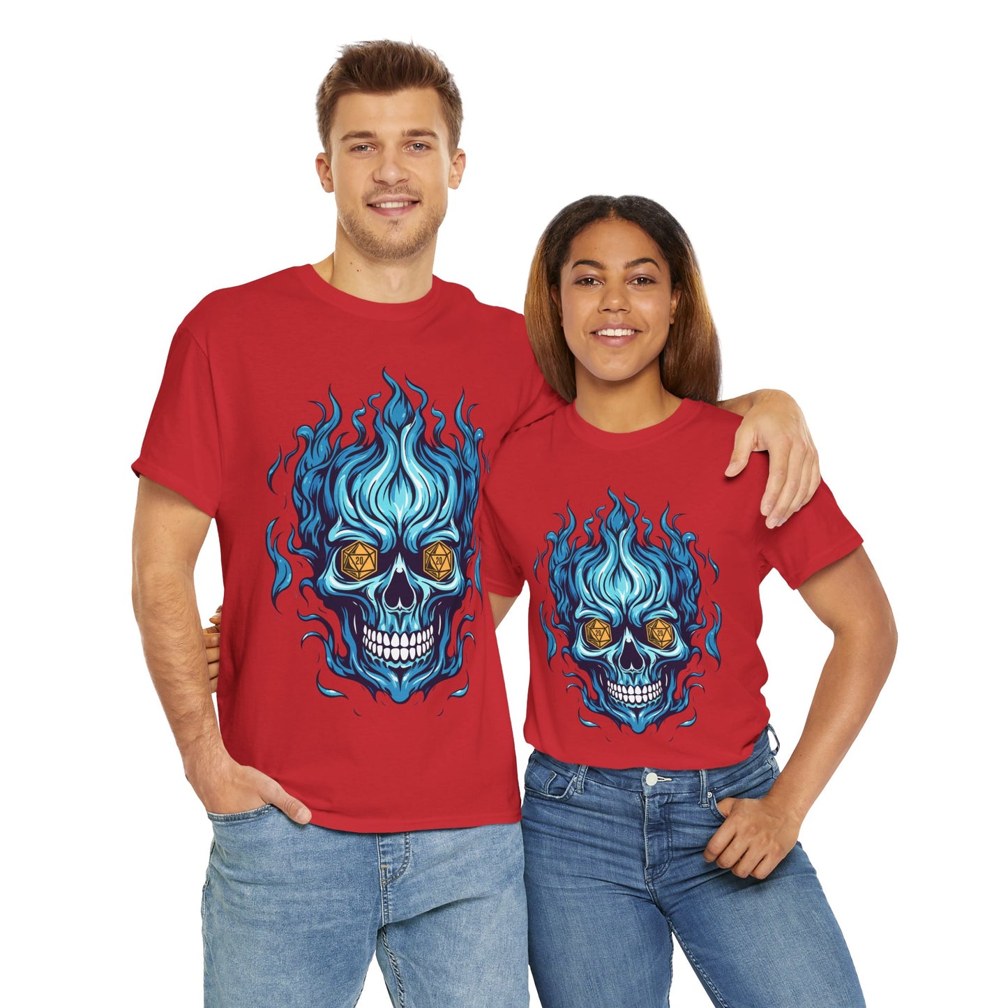 Flame Skull D20 Dungeons and Dragons DND Unisex Heavy Cotton Tee Shirt - RPG, TTRPG, Roleplaying, Geek, Nerd